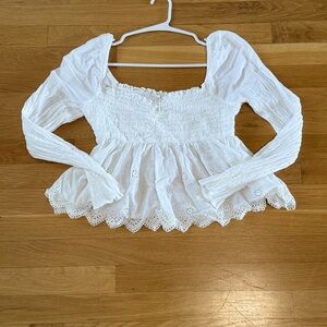 American Eagle square neck smocked babydoll blouse in white eyelet lace NWOT